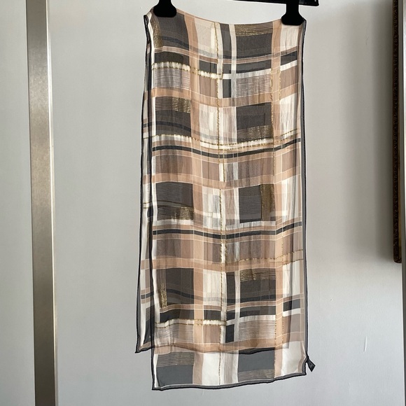 Halston Vintage Gold Metallic Plaid Silk Chiffon Long Scarf - Picture 5 of 8